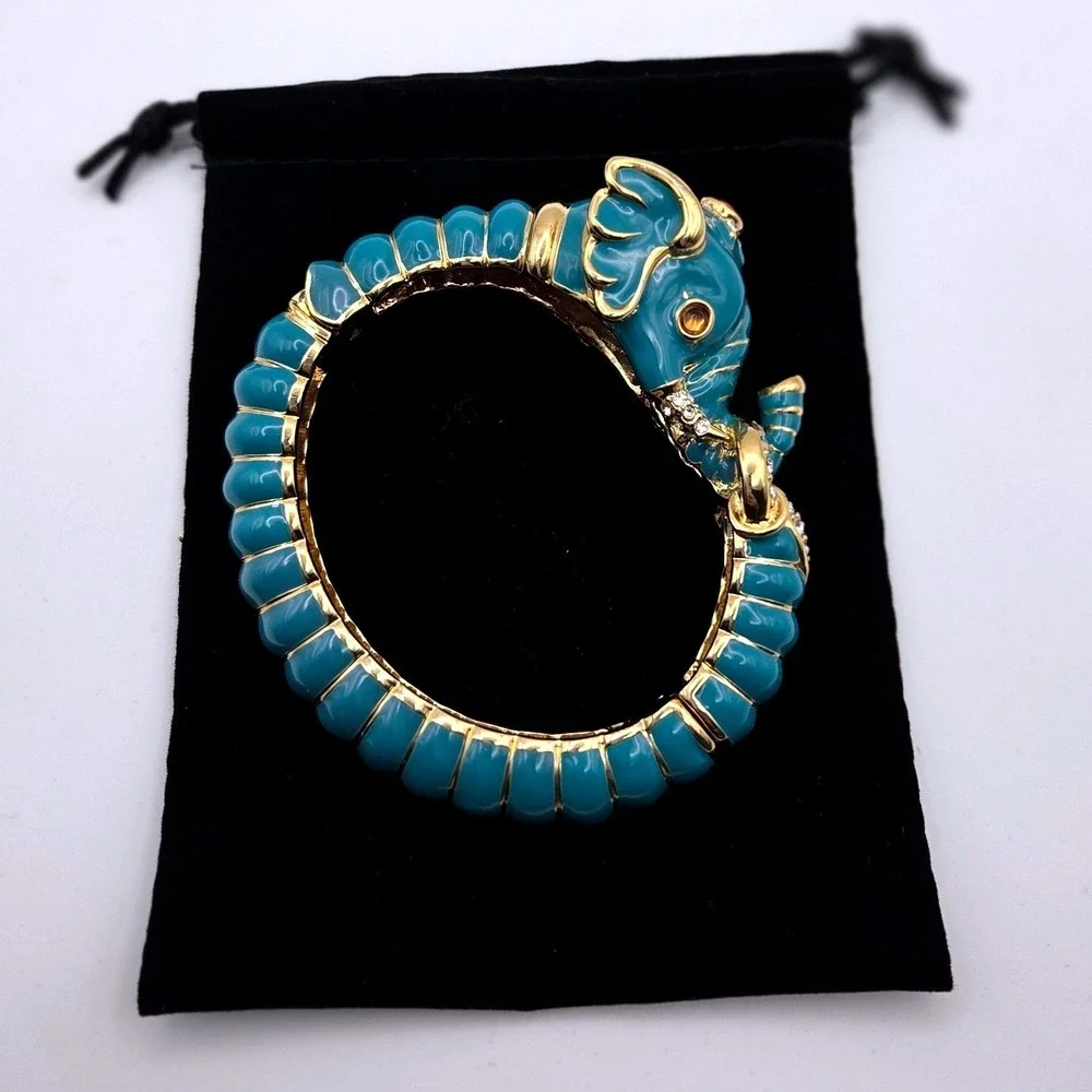 VTG Kenneth Jay Lane KJL Teal Enamel Elephant Hinge Bangle Bracelet Gold Tone - Picture 1 of 9
